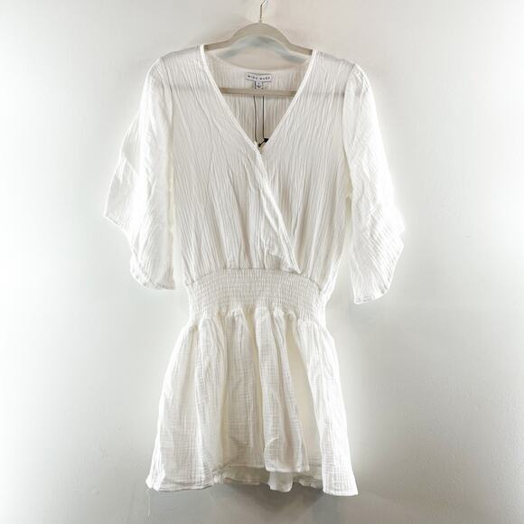 Miou Muse 3/4 Sleeve Surplice V-Neck Cover-Up Mini Dress Gauze White Small - Picture 5 of 8